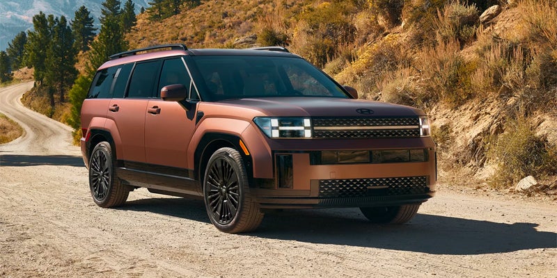 Matte bronze Hyundai Palisade SUV on a winding dirt road in a sunny, mountainous landscape.