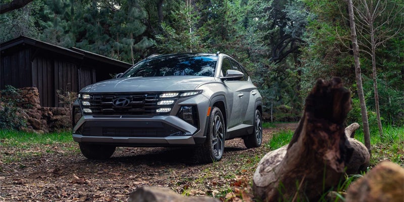 A grey Hyundai Tucson SUV parked on a dirt path in a wooded area with a cabin in the background.