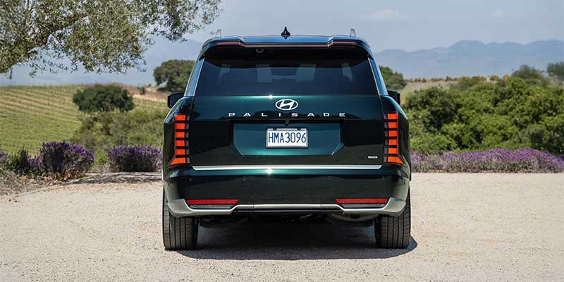 Rear view of a dark green Hyundai Palisade SUV parked on a gravel road, with vineyards and hills in the background.